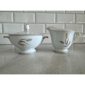 Vtg Sango Japan Harvest Gold Wheat Creamer and Sugar Bowl with Lid‎ Set 1960s